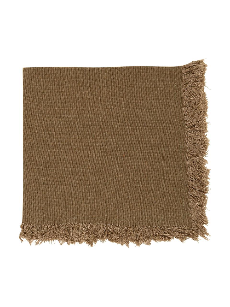 Serviette de table en coton avec franges brune Nalia, 4 pièces, Coton, Brun, larg. 35 x long. 35 cm