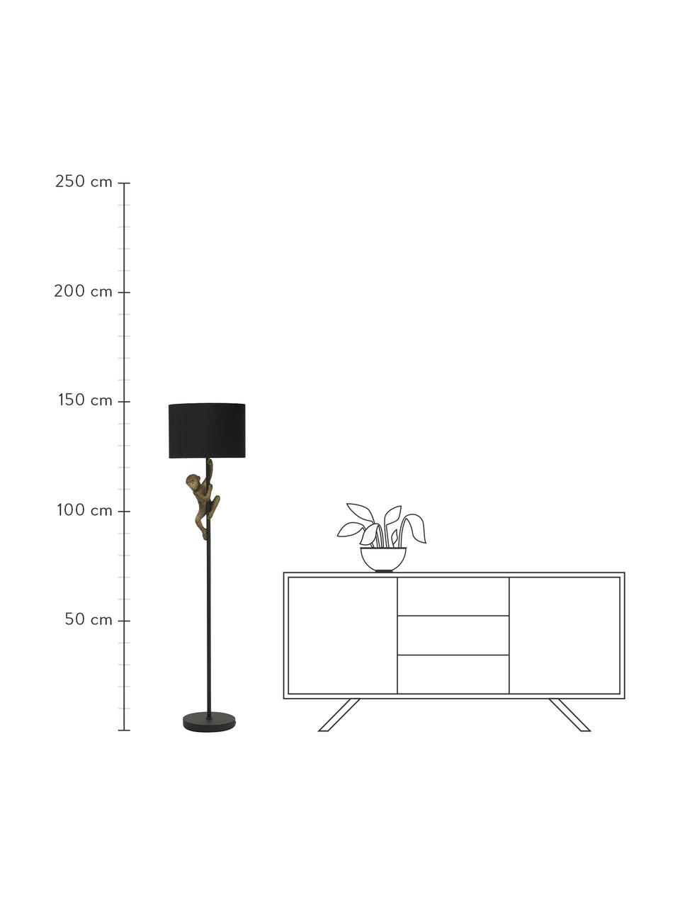 Design Stehlampe Chimp mit Affenfigur, Lampenschirm: Baumwolle, Lampenfuß: Metall, beschichtet, Dekor: Metall, beschichtet, Schwarz, Goldfarben, Ø 35 x H 150 cm