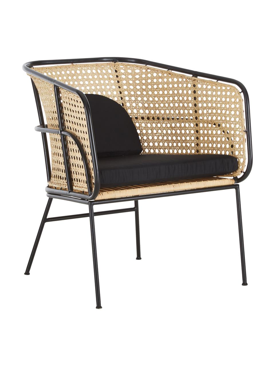 Loungestuhl Merete mit Wiener Geflecht, Sitzfläche: Rattan, Gestell: Metall, pulverbeschichtet, Rattan, Schwarz, B 72 x T 74 cm