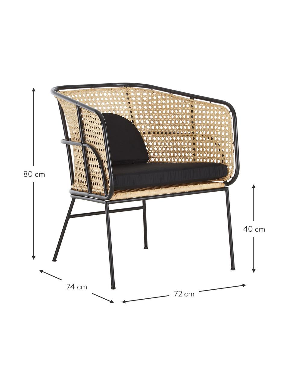 Fotel z plecionką wiedeńską Merete, Siedzisko: rattan Stelaż: czarny, matowy Poszewki: czarny, S 72 x G 74 cm