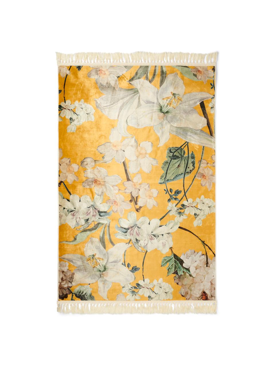 Teppich Rosalee mit Blumenmuster, 60% Polyester, 30% thermoplastisches Polyurethan, 10% Baumwolle, Senfgelb, Mehrfarbig, B 180 x L 240 cm (Grösse M)