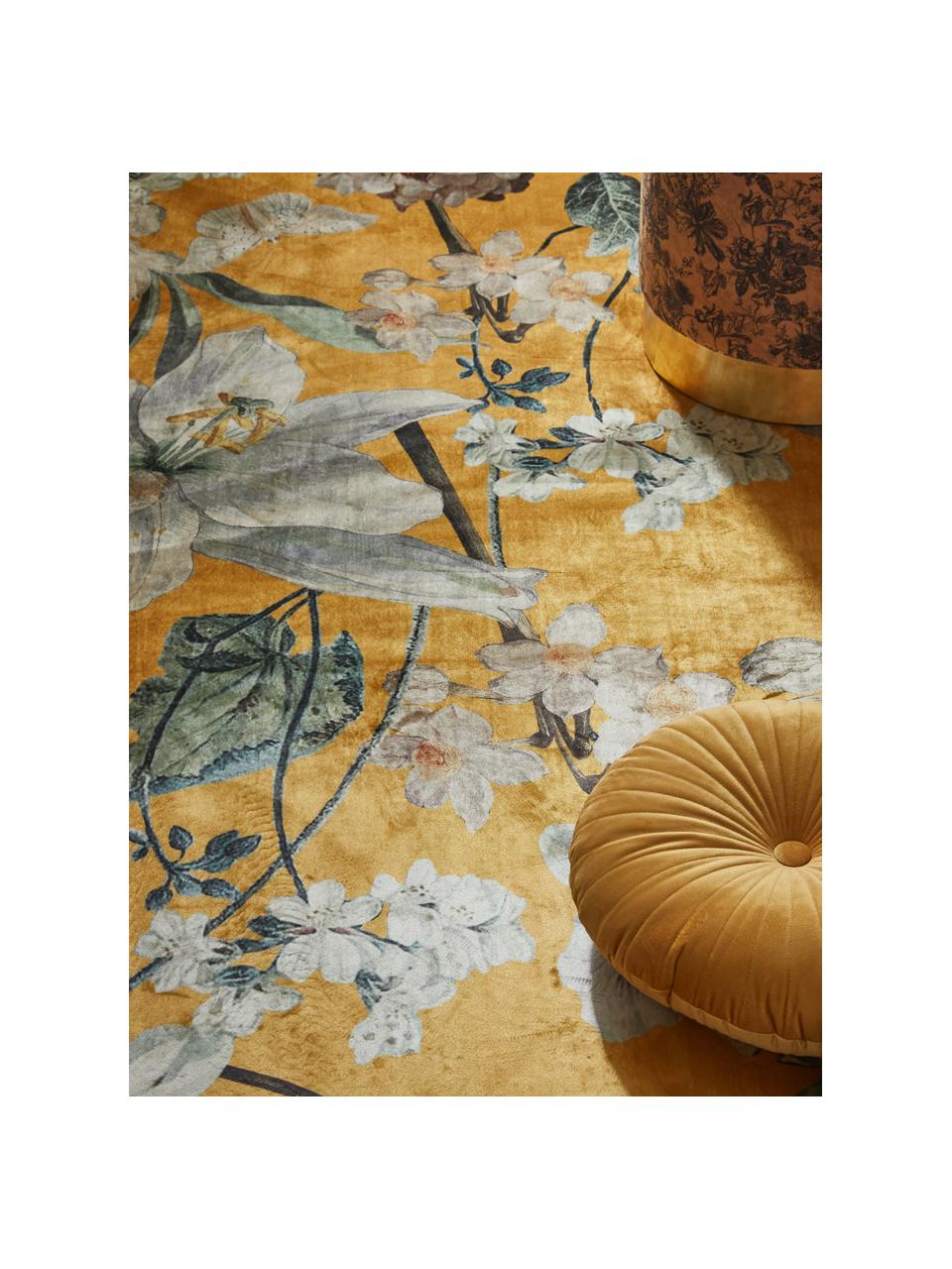 Teppich Rosalee mit Blumenmuster, 60% Polyester, 30% thermoplastisches Polyurethan, 10% Baumwolle, Senfgelb, Mehrfarbig, B 180 x L 240 cm (Größe M)