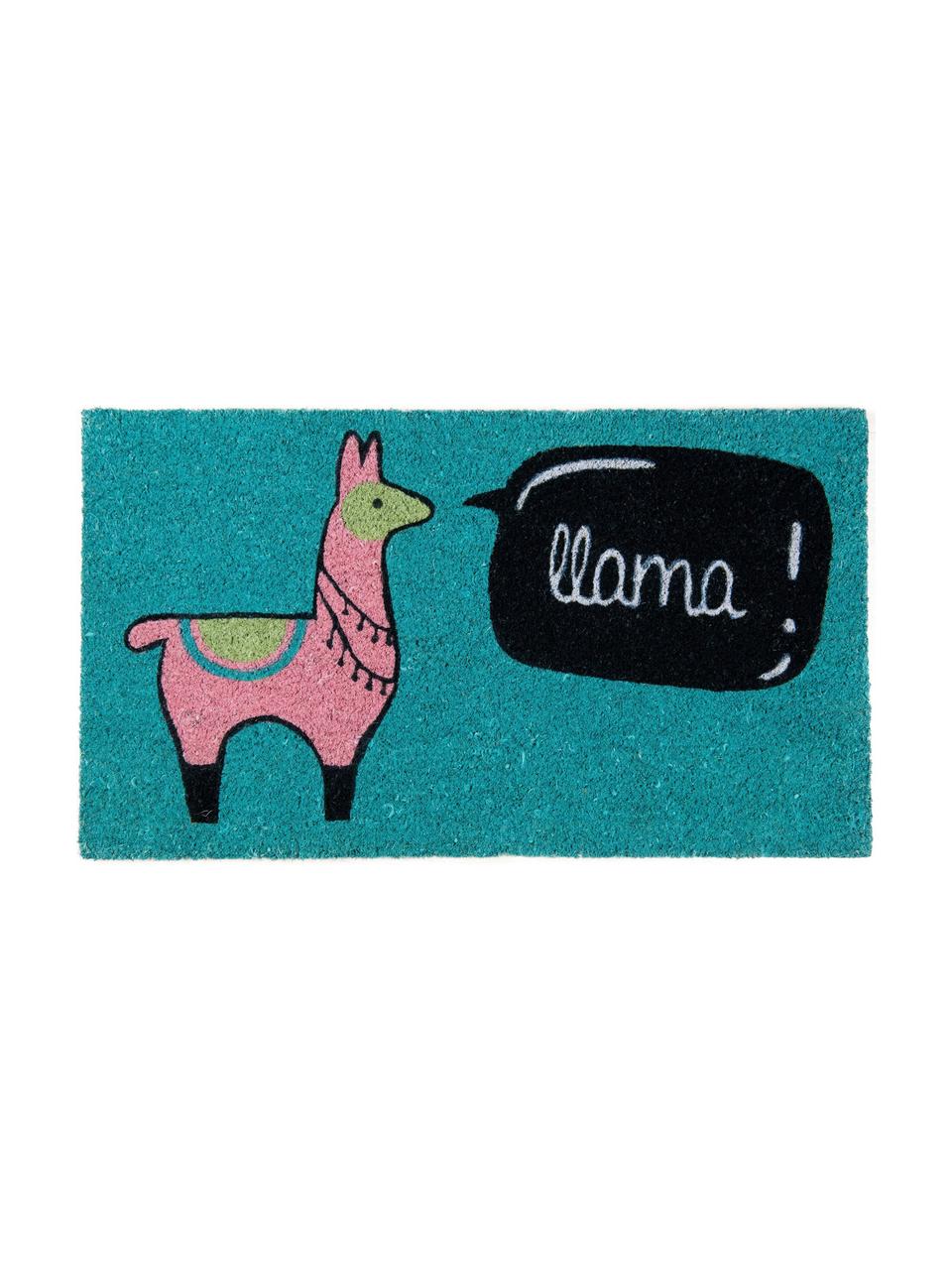 Deurmat Llama, Kokosvezels, Blauw, roze, zwart, beige, wit, 40 x 70 cm
