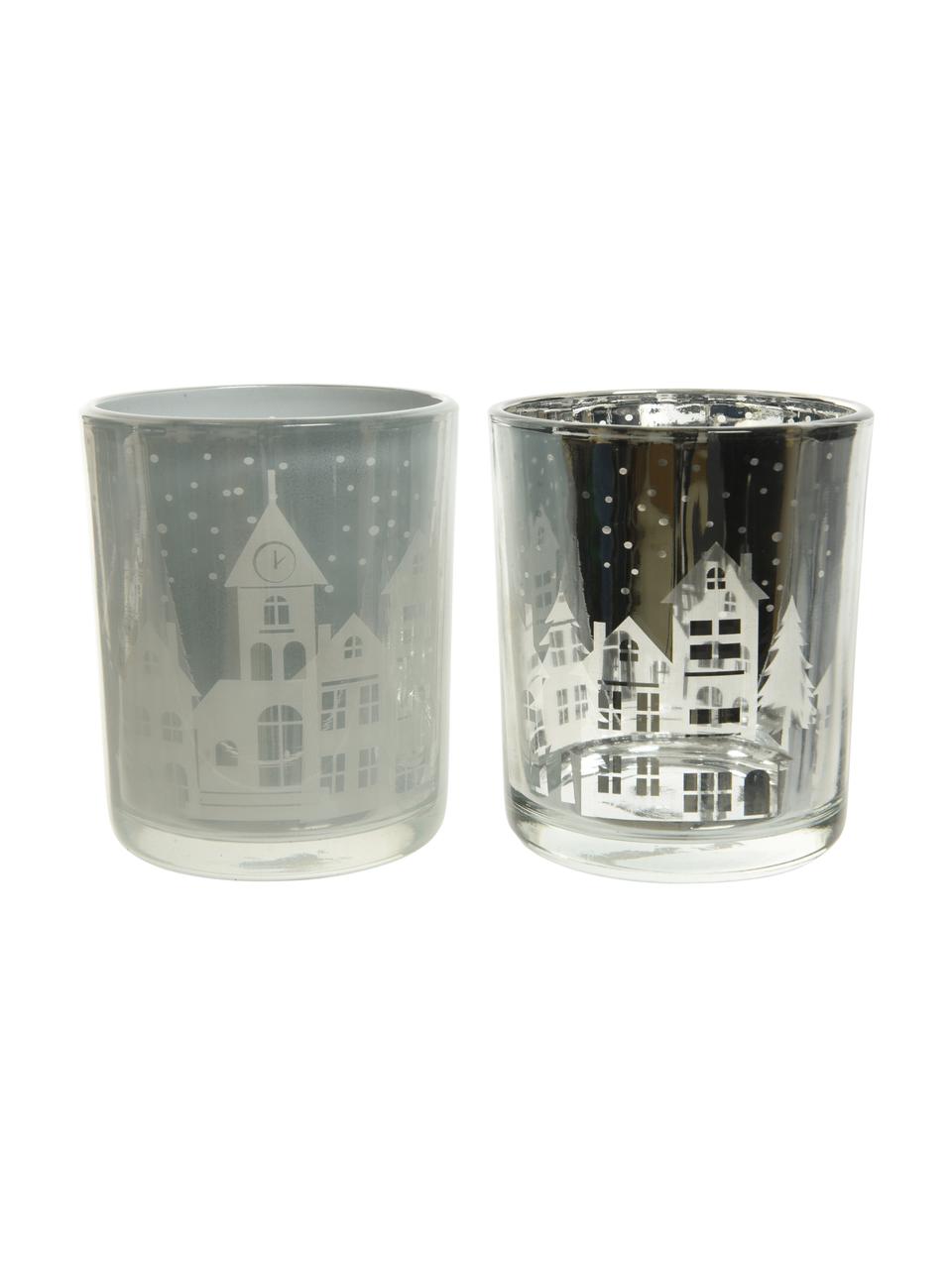 Komplet świeczników na tealighty Houses, 2 elem., Szkło, Srebrny, transparentny, Ø 7 x W 9 cm