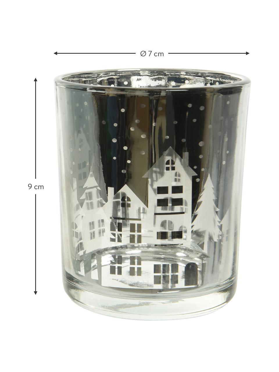 Waxinelichthoudersset Houses, 2-delig, Glas, Zilverkleurig, transparant, Ø 7 x H 9 cm