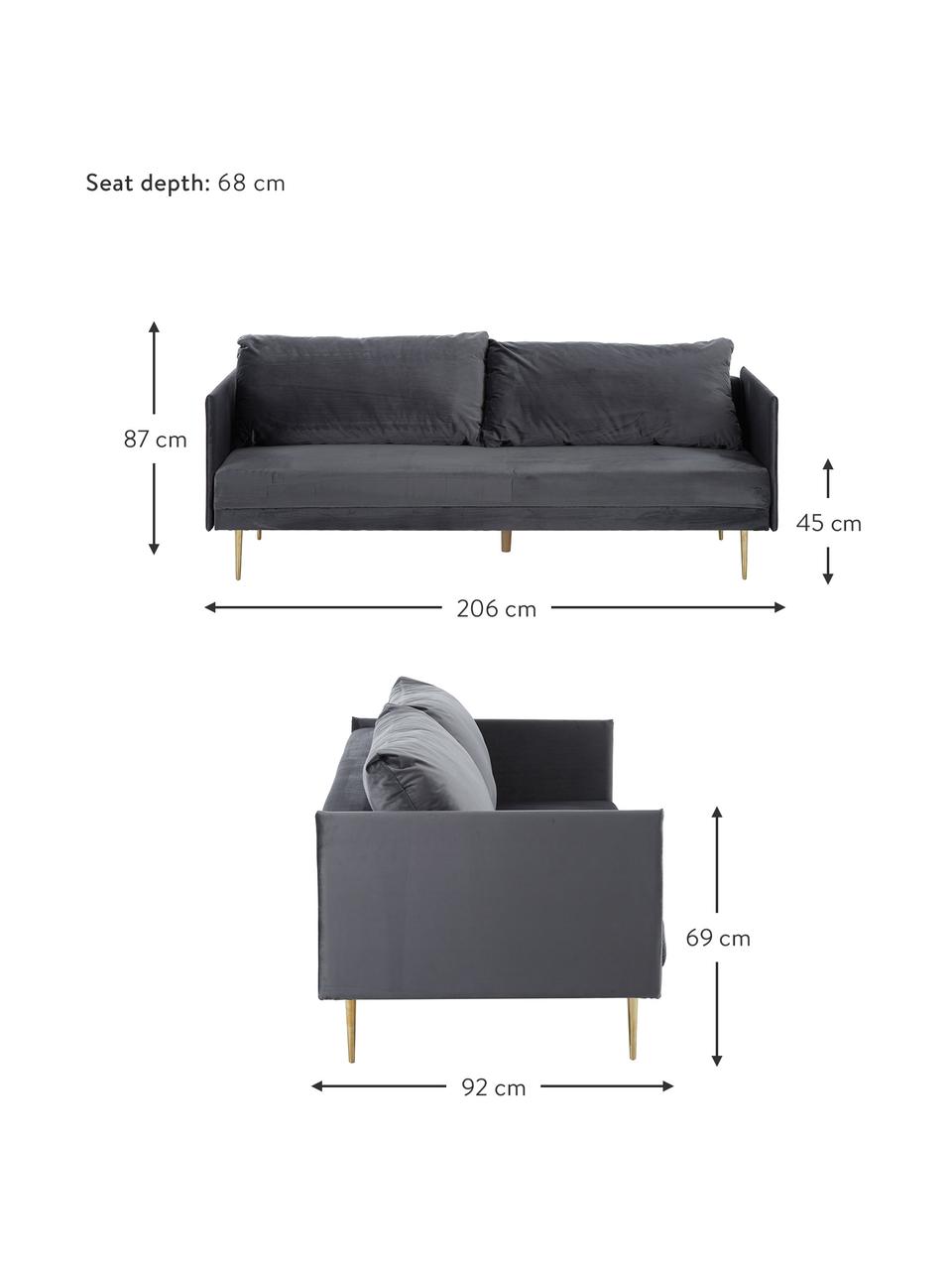 Sofa rozkładana z aksamitu Lauren, Tapicerka: aksamit (poliester) Dzięk, Nogi: metal lakierowany, Aksamitny szary, S 206 x W 87 cm