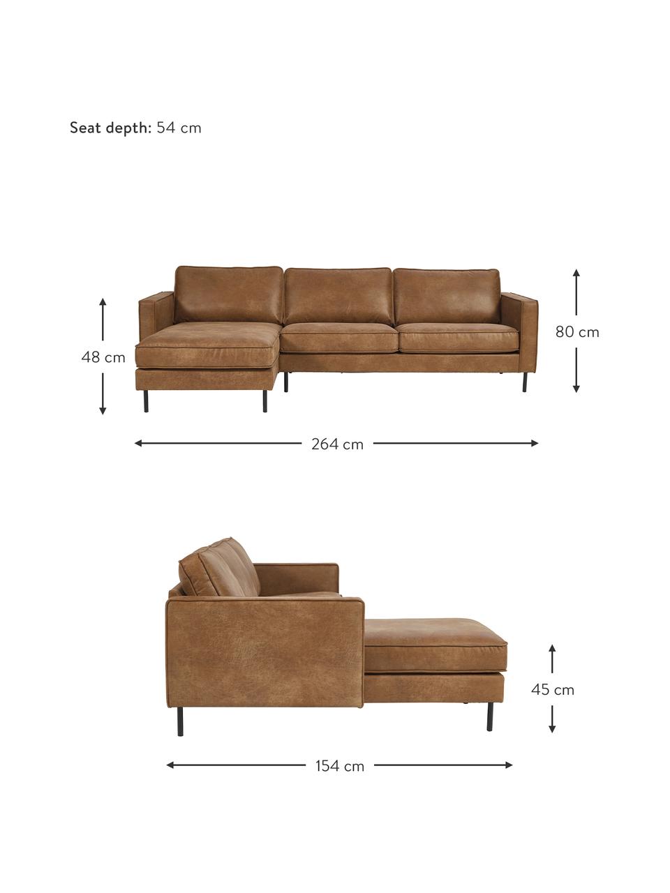 Sofá rinconera de cuero reciclado Hunter, Tapizado: 70% cuero reciclado, 30% , Estructura: madera de pino maciza con, Patas: metal con pintura en polv, Cuero marrón, An 264 x F 154 cm, chaise longue izquierda
