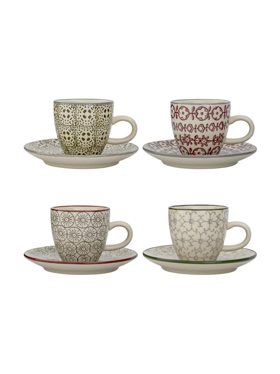 Set 4 tazzine da caffè con piattini Karine, Gres, Bianco, verde, rosso, grigio, fantasia, Ø 6 x Alt. 6 cm, 90 ml