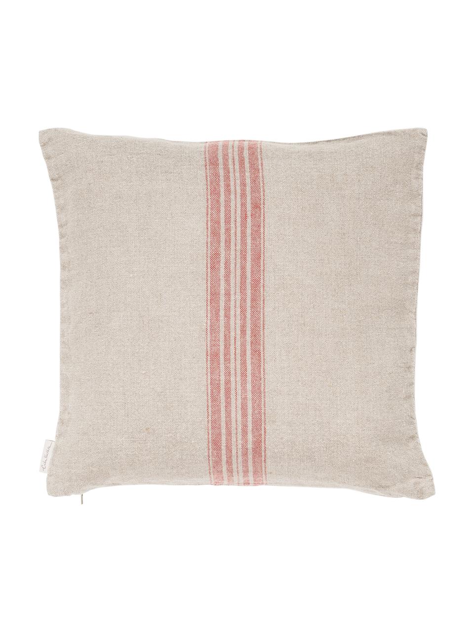 Beige Leinen-Kissenhülle Jara mit roten Streifen, Beige, Rot, 40 x 40 cm