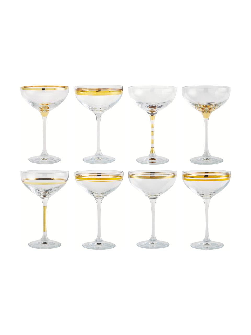 Copas pompadour de champán Deco, 8 uds., Vidrio, Transparente, dorado, Ø 11 x Al 17 cm