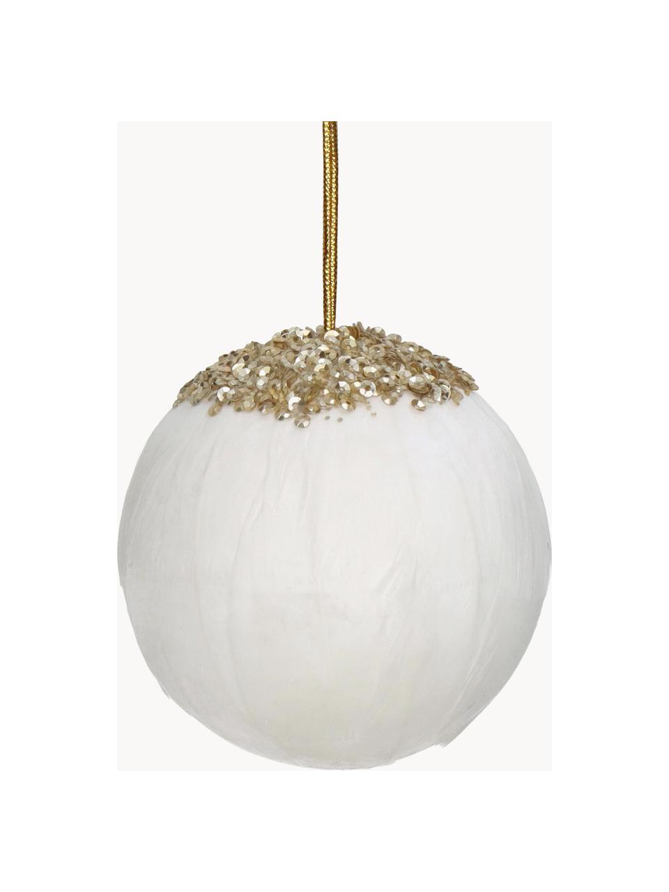 Kerstboomhanger Feather Ball, 2 stuks, Veren, Wit, goudkleurig, Ø 8 cm