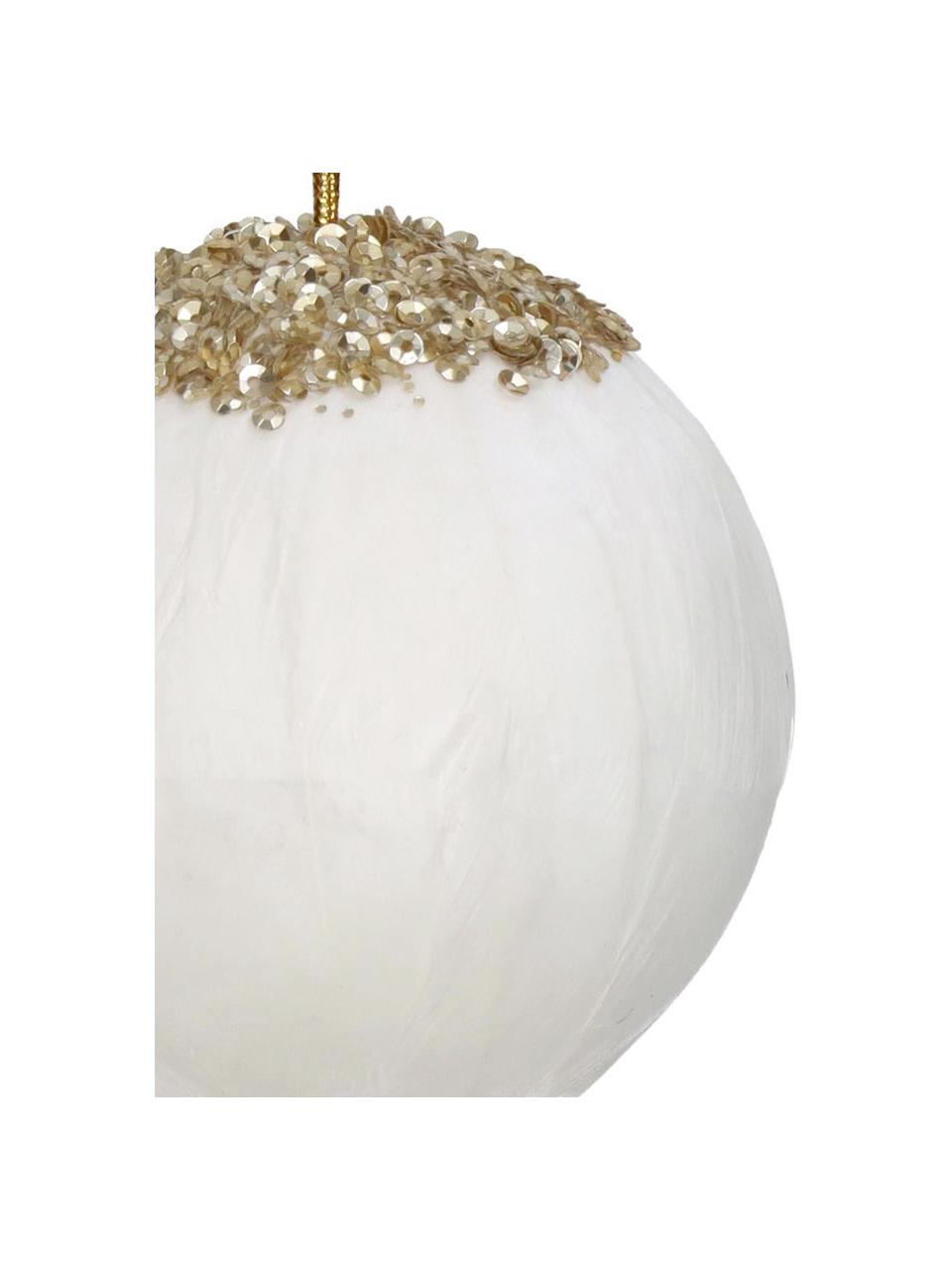 Adornos navideños Feather Ball, 2 uds., Plumas, Blanco, dorado, Ø 8 cm