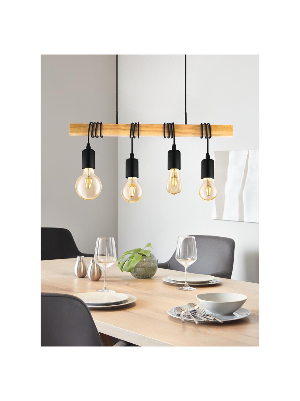 Hanglamp Townshend van hout, Baldakijn: gelakt staal, Zwart, rubberhout, B 70 x H 25 cm