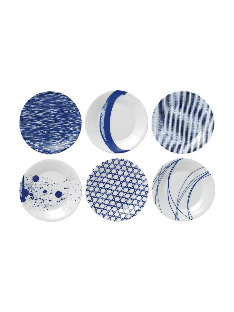 Gemusterte Porzellan-Brotteller Pacific, 6er-Set, Porzellan, Weiß, Blau, Ø 16 cm