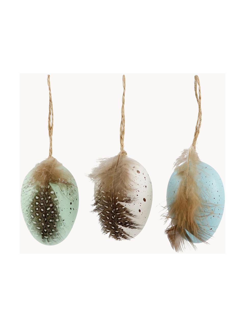 Set de adornos de Pascua para colgar Zoja, 6 uds., Adornos: plástico, plumas, Verde, blanco, azul, Ø 4 x Al 6 cm