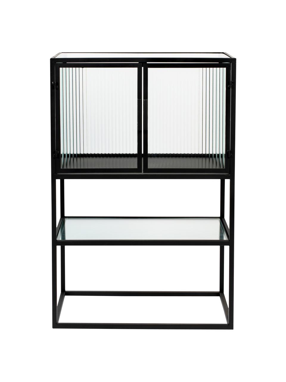 Credenza alta con vetrate scanalate Boli, Cornice: metallo verniciato a polv, Nero, semi trasparente, Larg. 60 x Alt. 90 cm