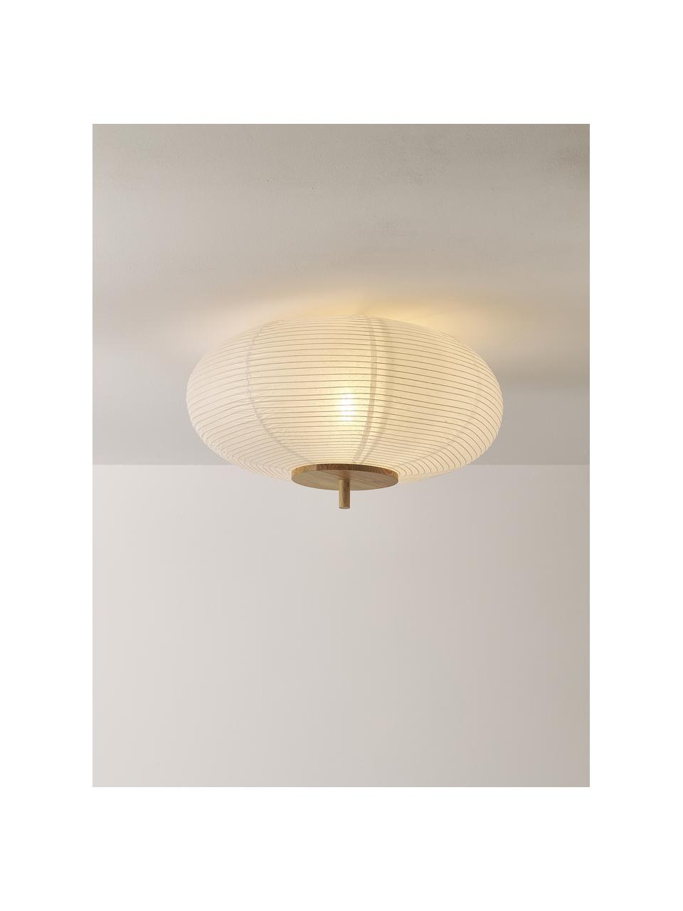 Design plafondlamp Misaki uit rijstpapier, Lampenkap: rijstpapier, Decoratie: hout, Wit, helder hout, Ø 52 x H 30 cm