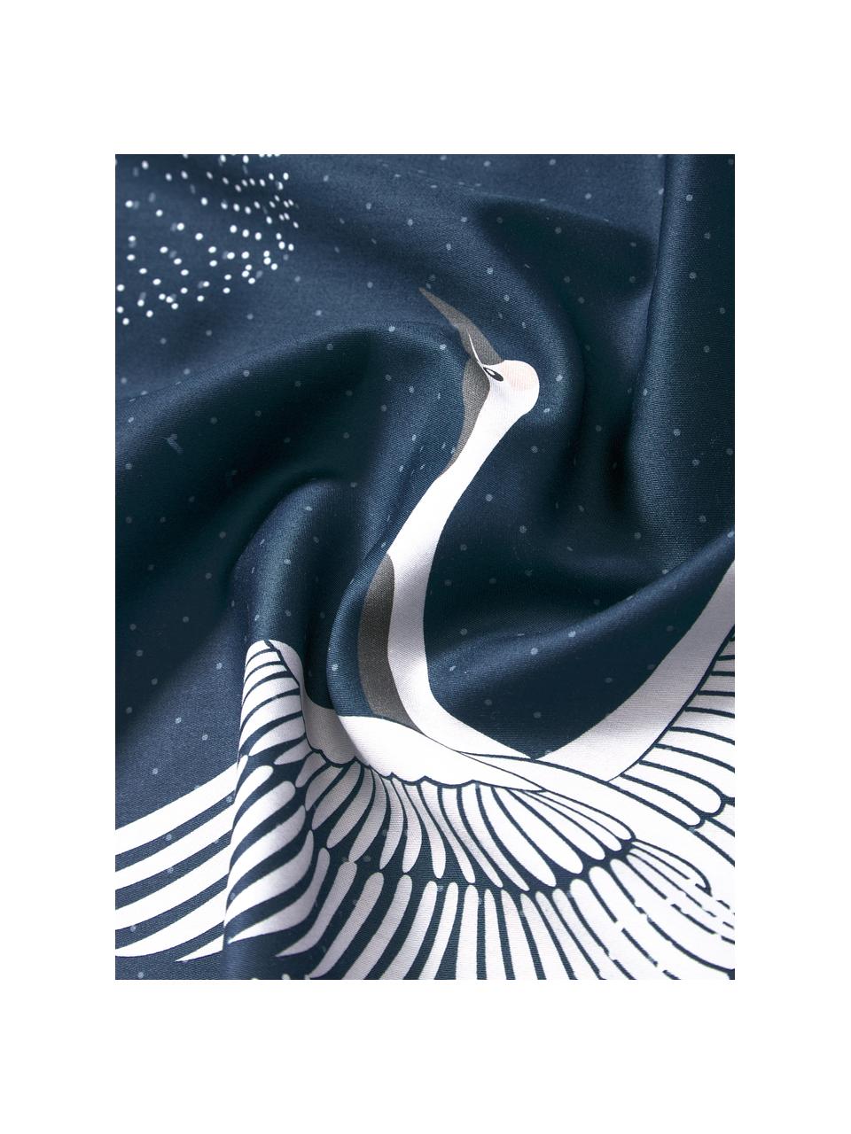 Housse de couette en satin de coton à motif grue Yuma, Bleu foncé, larg. 200 x long. 200 cm