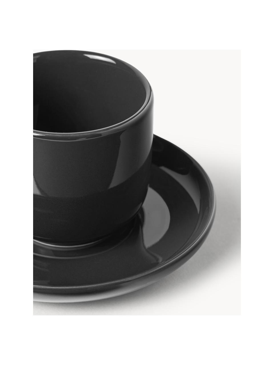 Tasses à expresso en porcelaine avec sous-tasses Nessa, 4 pièces, Porcelaine de haute qualité, émaillé, Gris foncé, haute brillance, Ø 7 x haut. 6 cm, 90 ml