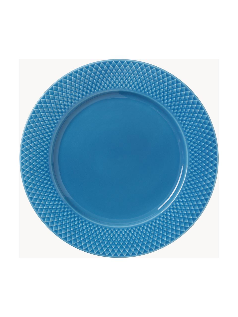 Assiettes plates en porcelaine artisanales Rhombe, 4 pièces, Porcelaine, Bleu, Ø 27 cm