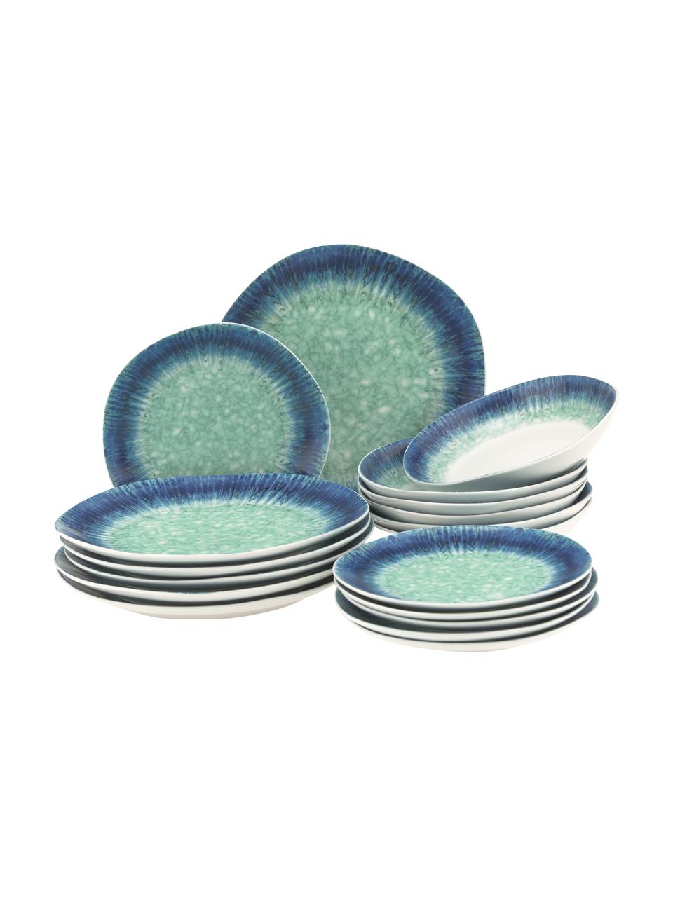 Sada porcelánového nádobí s barevným přechodem Antille, pro 6 osob (18 dílů), Porcelán, Odstíny modré, Sada s různými velikostmi