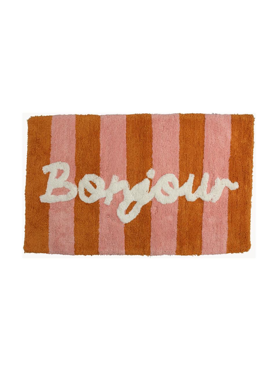 Tapis de bain tufté main en coton Bonjour, 100% coton, Orange, vieux rose, blanc, larg. 50 x long. 80 cm