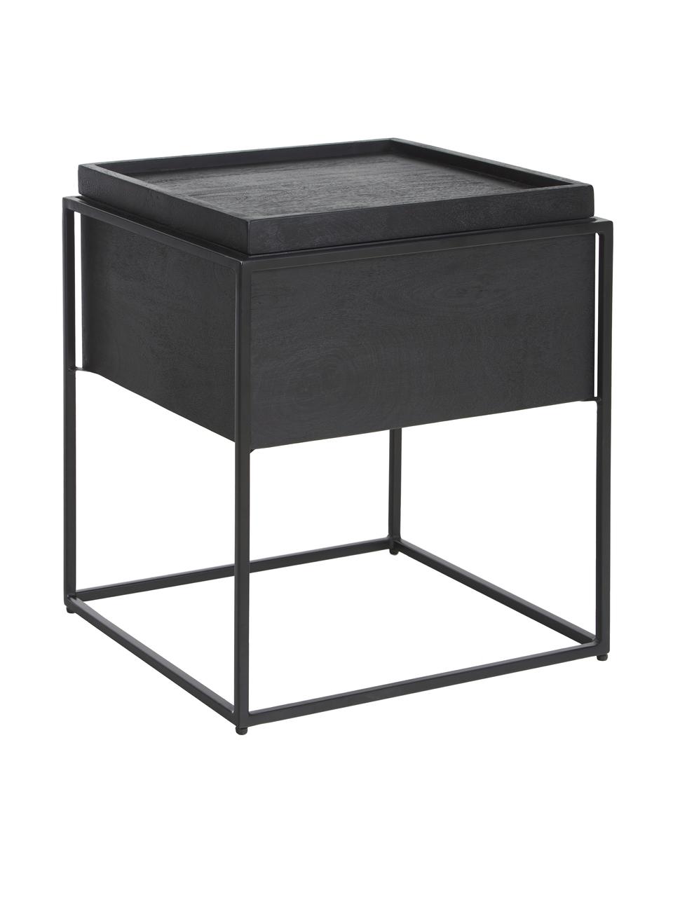 Stolik pomocniczy z miejscem do przechowywania Theo, Korpus: lite drewno mangowe, laki, Stelaż: metal malowany proszkowo, Drewno mangowe, czarny, S 45 x W 50 cm