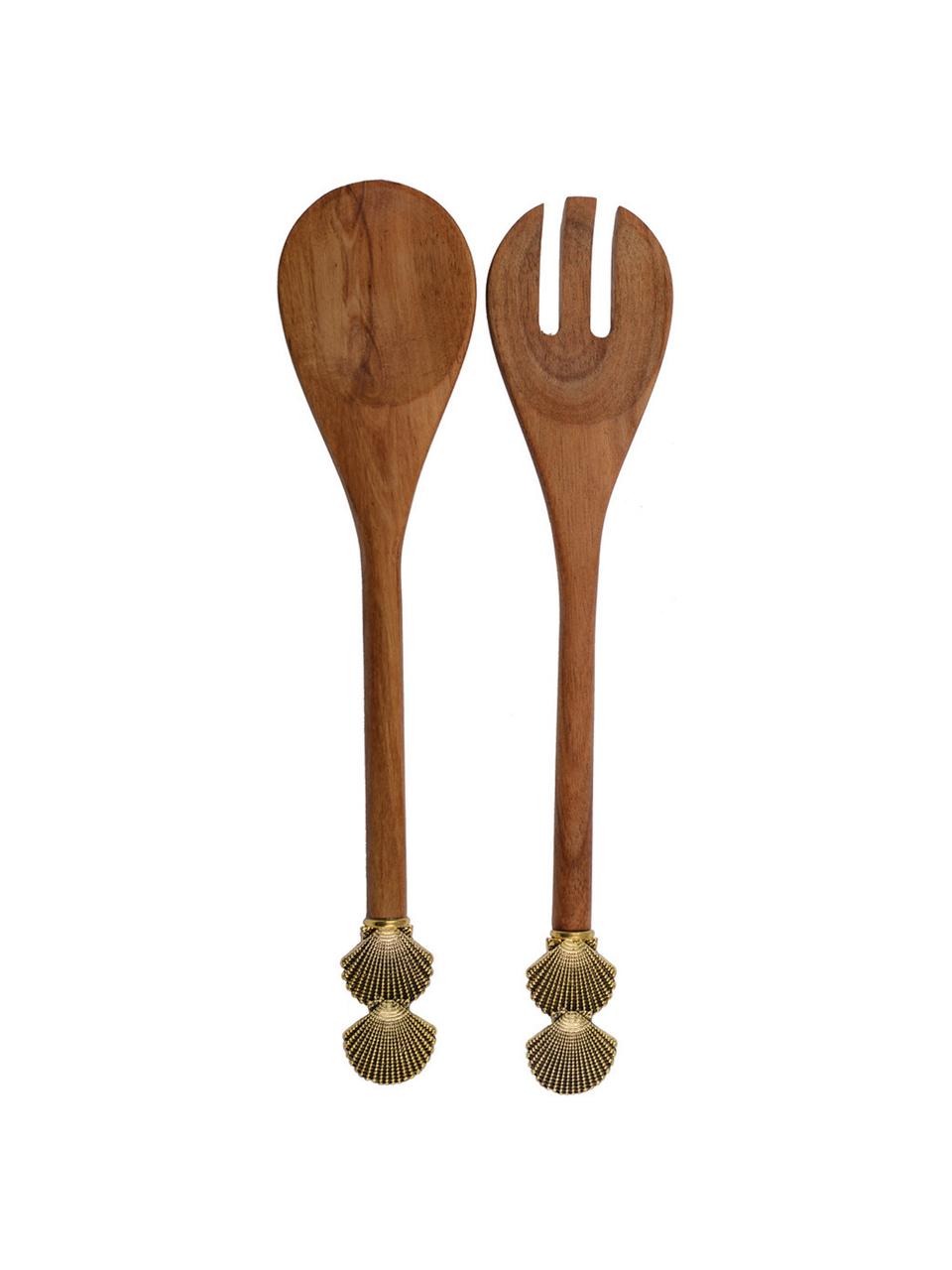 Set 2 posate da insalata in legno con conchiglie dorate sul manico Shell, Legno, metallo, Legno, dorato, Lung. 30 cm