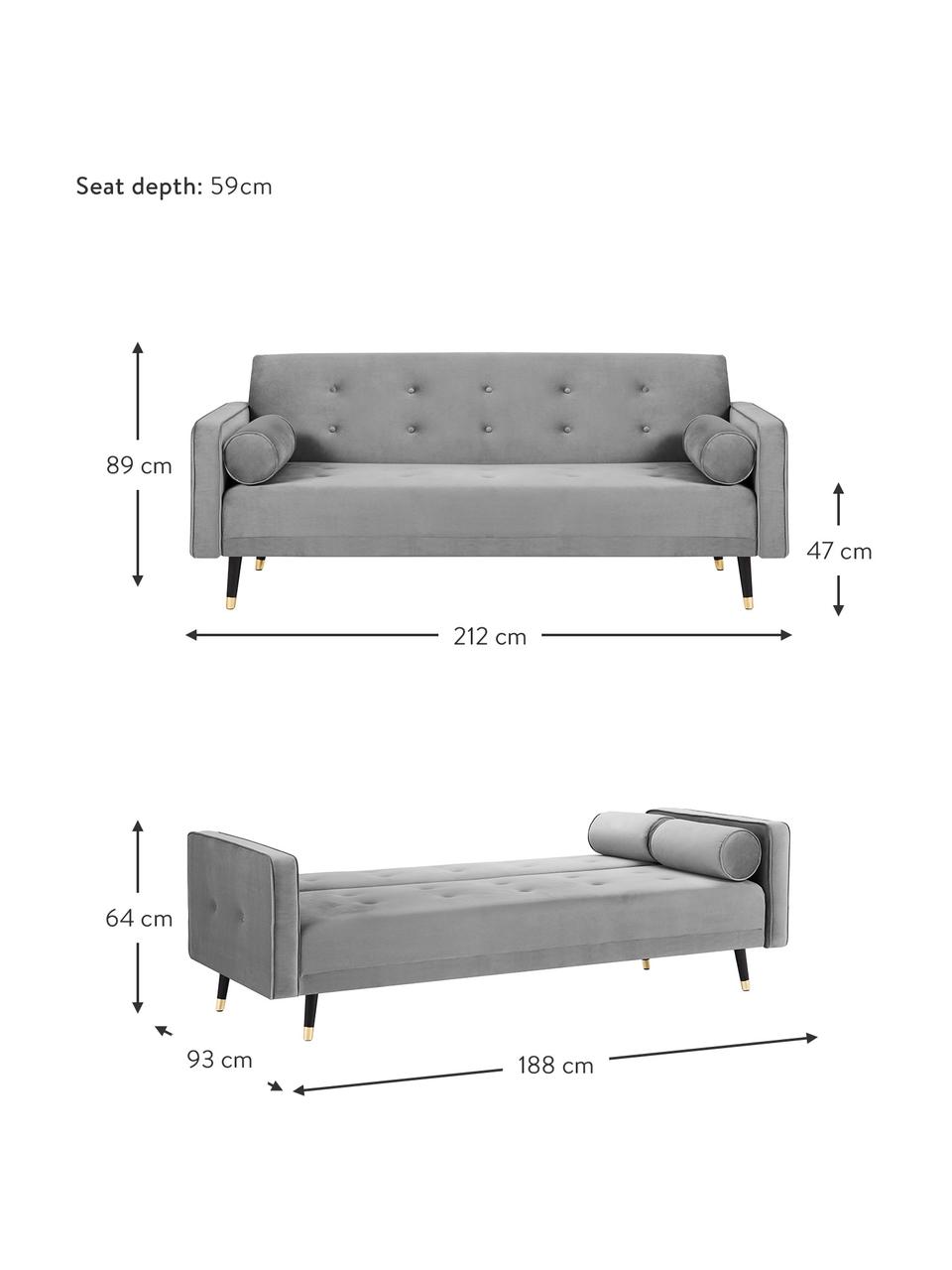 Samt-Schlafsofa Gia (3-Sitzer) in Hellgrau mit Holz-Füßen, ausklappbar, Bezug: Polyestersamt Der strapaz, Rahmen: Massives Kiefernholz, Korpus: Spanplatte, Sperrholz, Sp, Füße: Buchenholz, lackiert, Samt Hellgrau, B 212 x T 93 cm