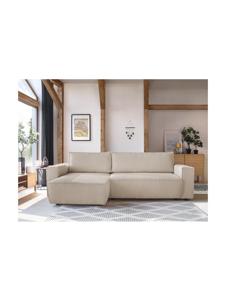 Sofá rinconera cama de pana Nihad (4 plazas), con espacio de almacenamiento, Tapizado: pana de poliéster, Patas: plástico, Pana beige, An 282 x F 153 cm