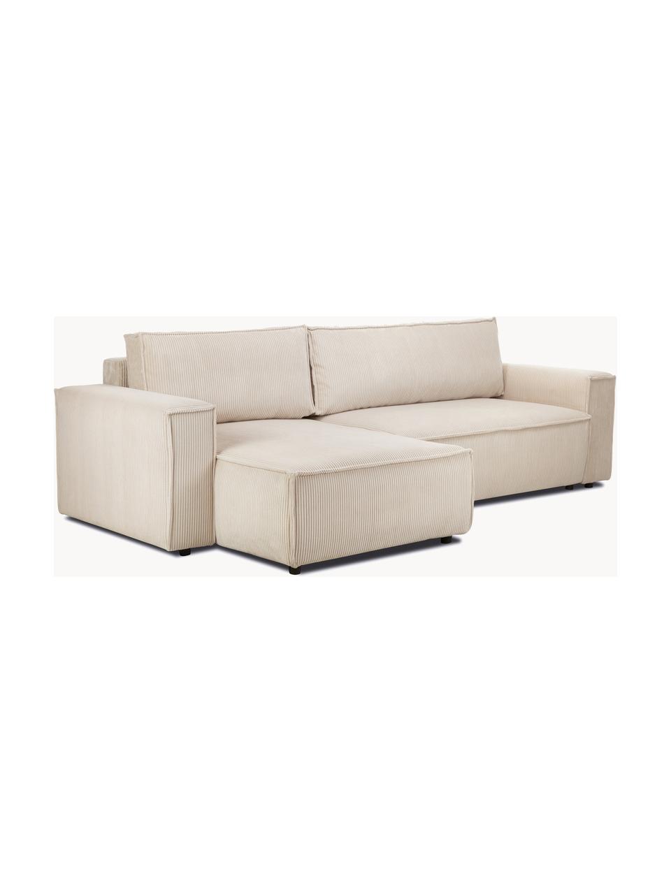 Sofá rinconera cama de pana Nihad (4 plazas), con espacio de almacenamiento, Tapizado: pana de poliéster, Patas: plástico, Pana beige, An 282 x F 153 cm