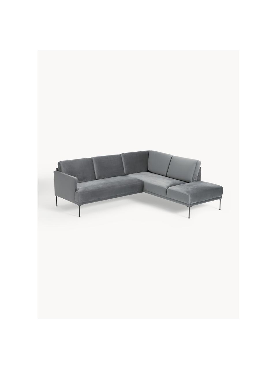 Sofa narożna z aksamitu Fluente, Tapicerka: aksamit (wysokiej jakości, Stelaż: lite drewno sosnowe, Nogi: metal malowany proszkowo , Ciemnoszary aksamit, S 221 x G 200 cm, lewostronna