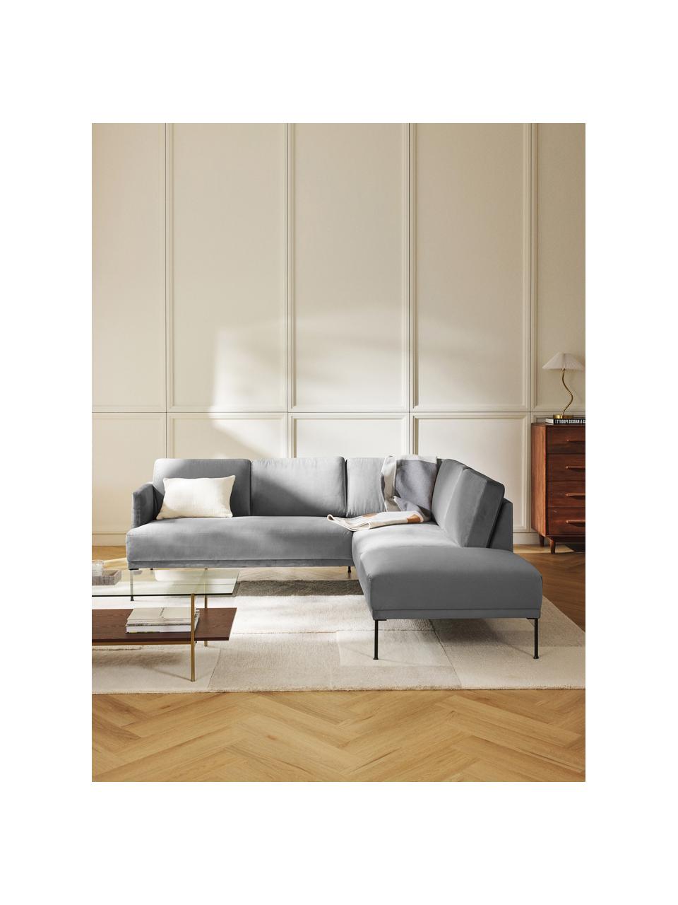 Samt-Ecksofa Fluente, Bezug: Samt (Hochwertiger Polyes, Gestell: Massives Kiefernholz, Füße: Metall, pulverbeschichtet, Samt Dunkelgrau, B 221 x T 200 cm, Eckteil rechts