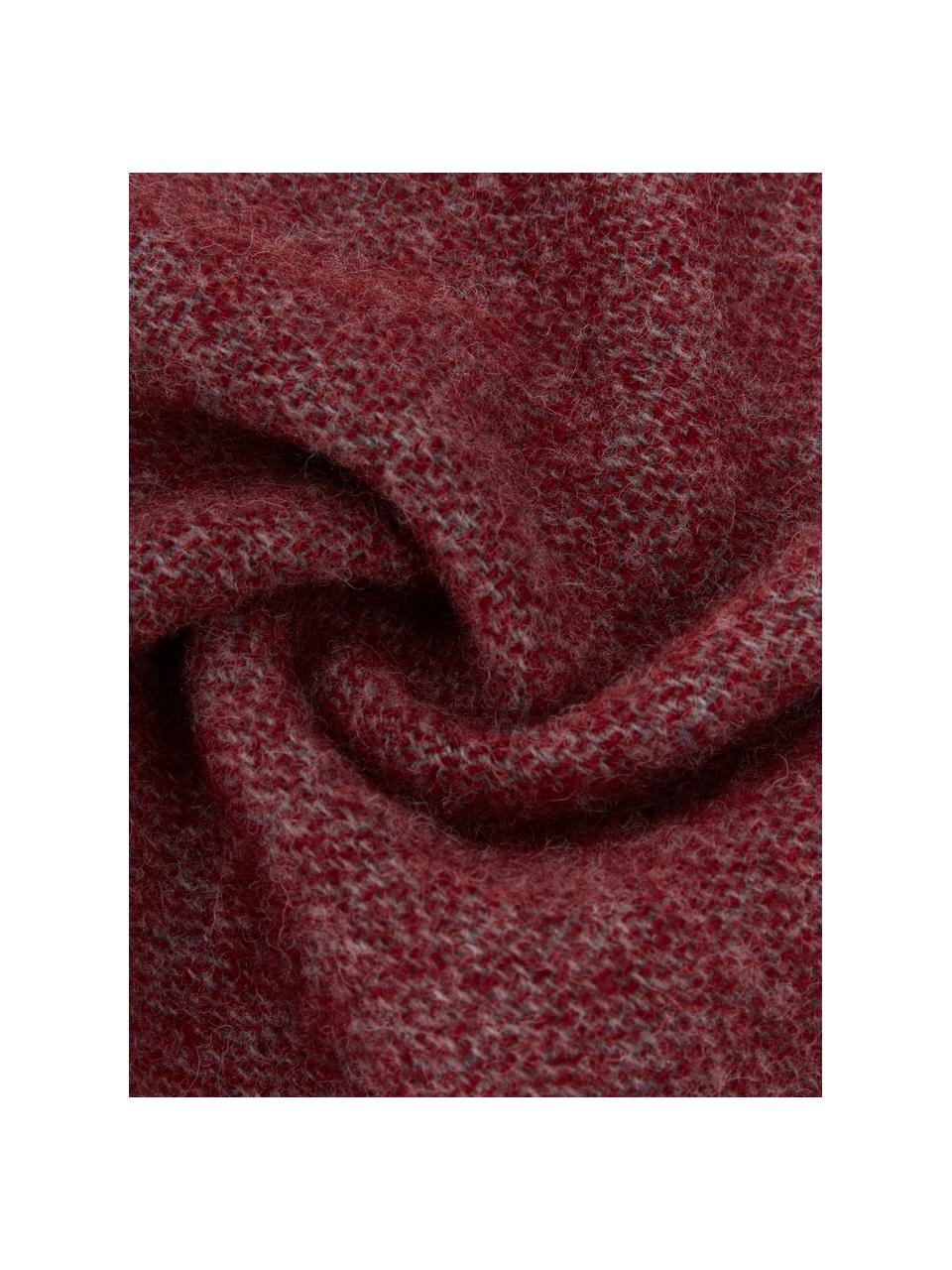 Dubbelzijdige wollen plaid Tirol in rood/grijs met franjes, gevlekt, Rood, grijs, B 140 x L 200 cm