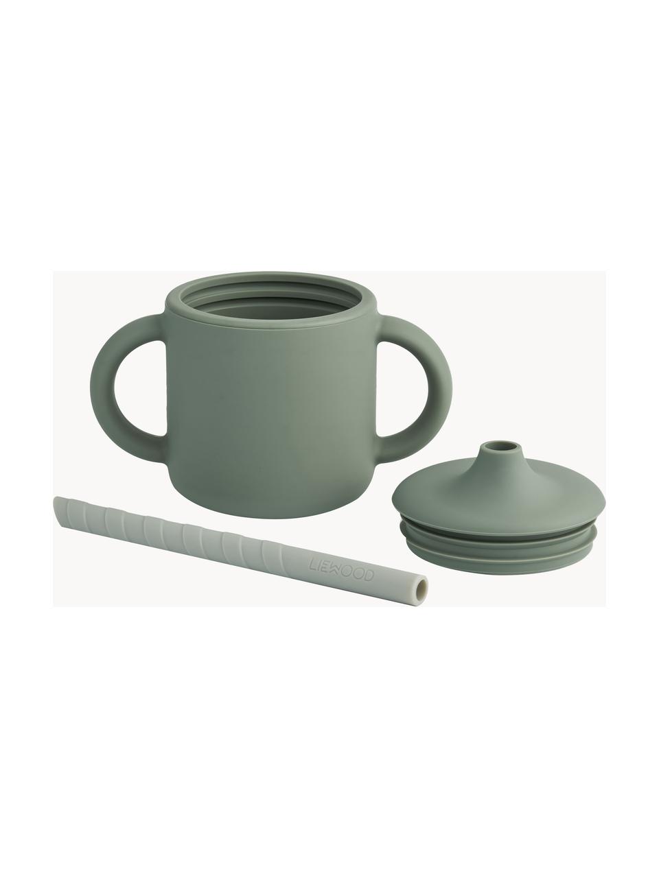 Tazza con cannuccia Cameron, Silicone, Verde salvia, grigio chiaro, Ø 12 x Alt. 10 cm, 140 ml