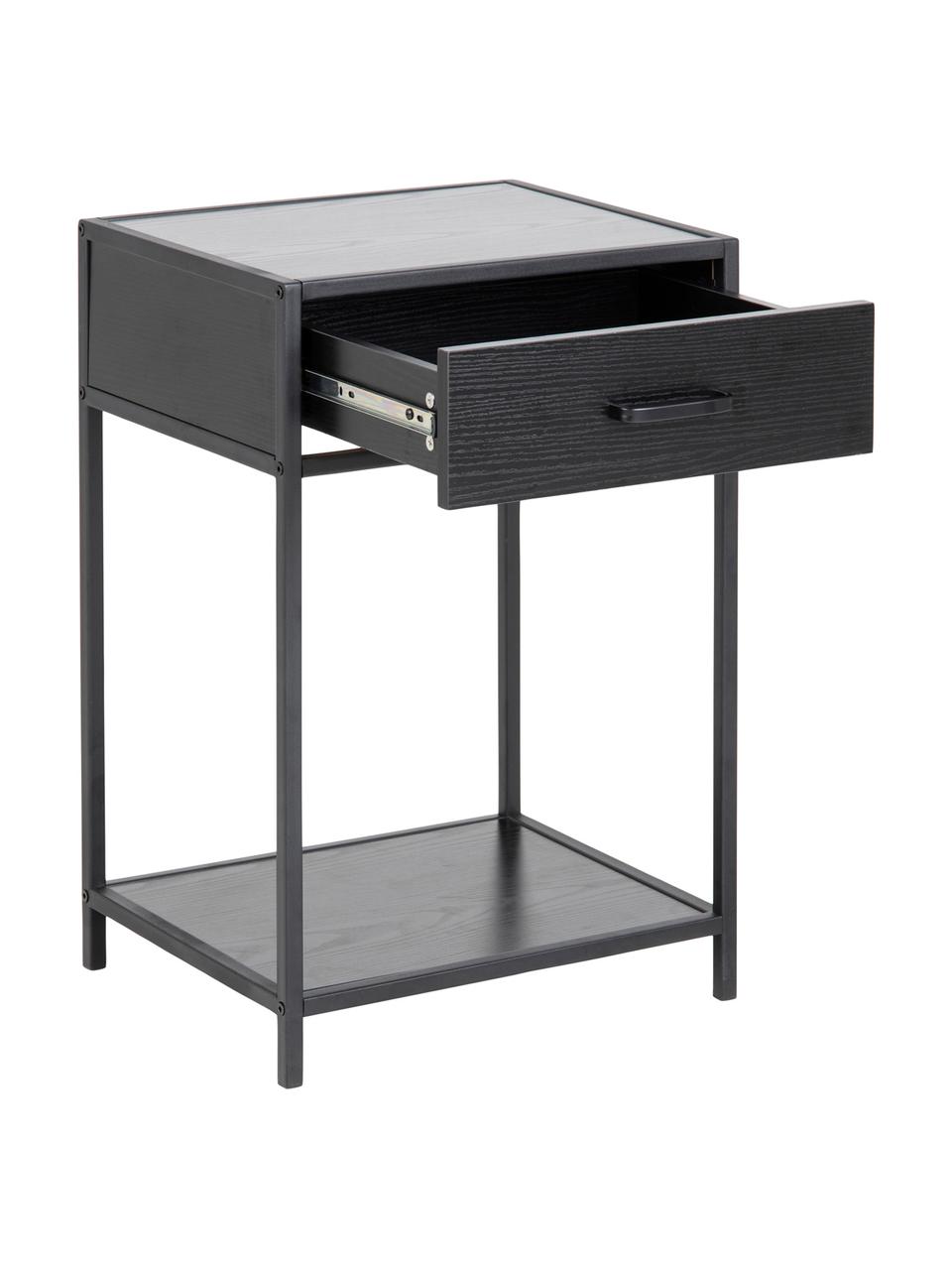 Nachttisch Seaford mit Schublade, Korpus: Mitteldichte Holzfaserpla, Gestell: Metall, pulverbeschichtet, Schwarz, B 42 x H 63 cm