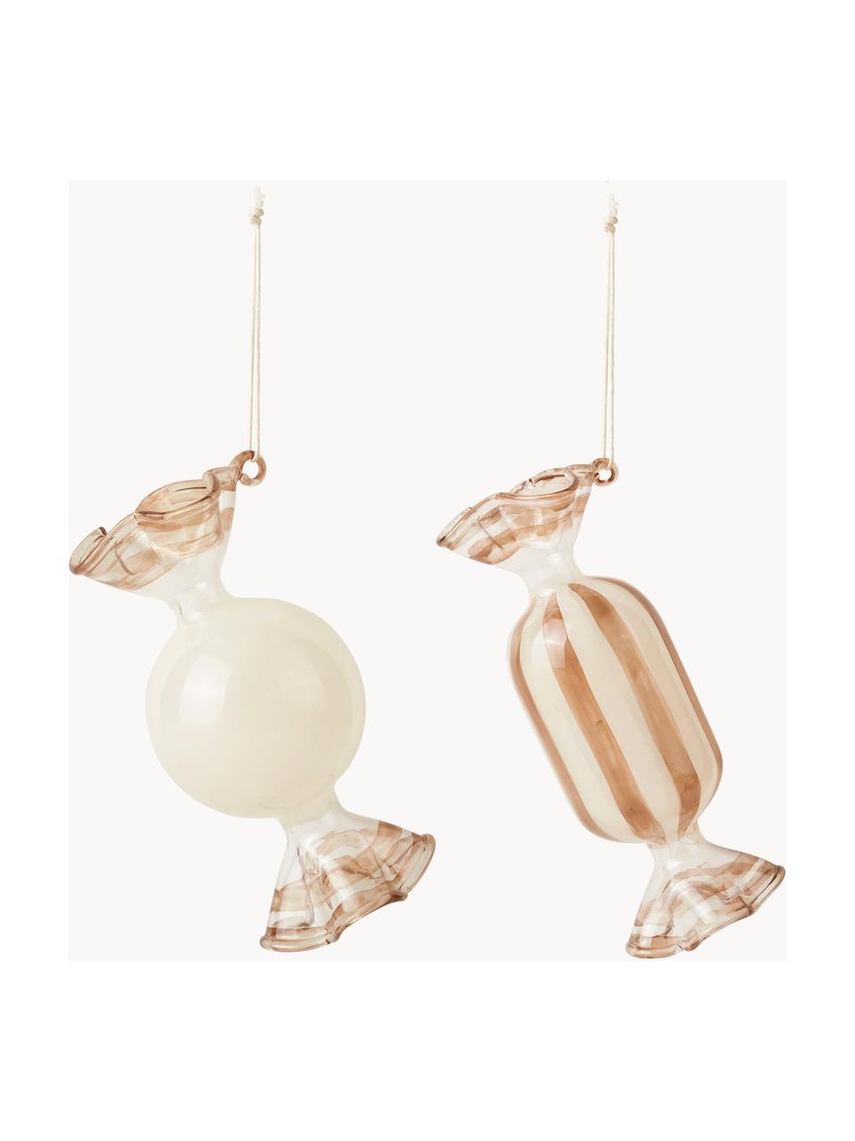 Handgefertigte Baumanhänger Candy, 2er-Set, Glas, Beige, Off White, Set mit verschiedenen Größen