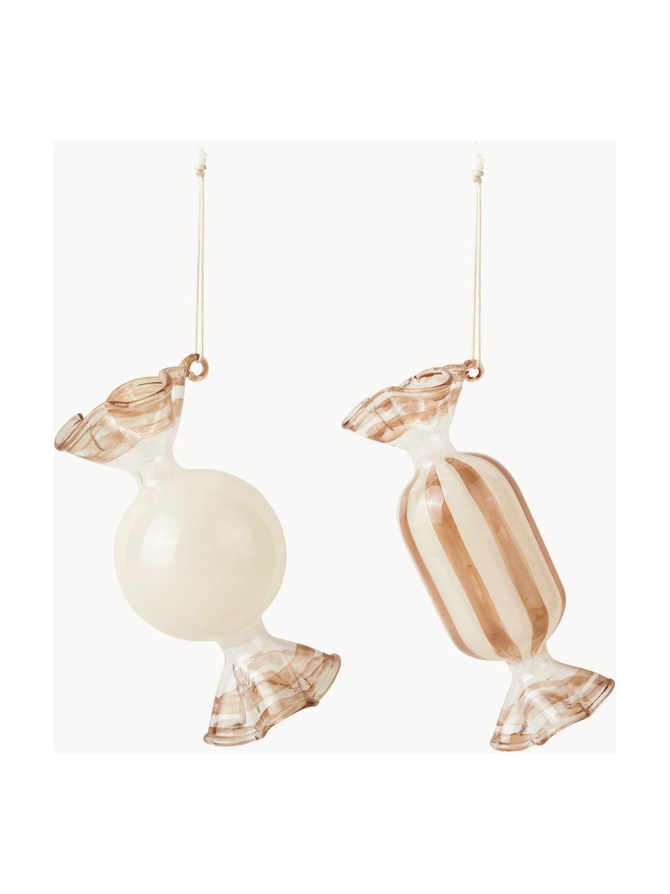 Handgefertigte Baumanhänger Candy, 2er-Set, Glas, Beige, Off White, Set mit verschiedenen Grössen