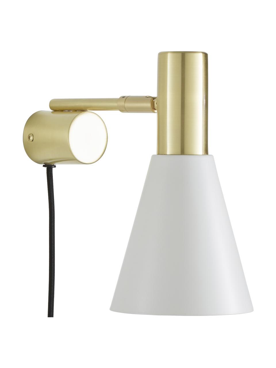 Verstelbare wandlamp Sia met stekker in wit-goudkleur, Lampenkap: gepoedercoat metaal, Frame: vermessingd metaal, Wit, messingkleurig, D 23 x H 27 cm
