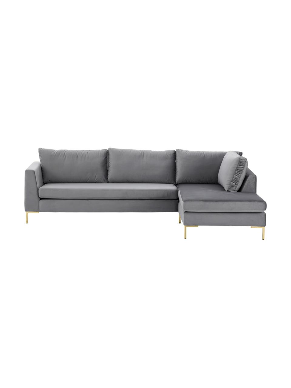 Sofa narożna z aksamitu z metalowymi nogami Luna, Tapicerka: aksamit (poliester) Dzięk, Nogi: metal galwanizowany, Ciemnoszary aksamit, złoty, S 280 x G 184 cm, lewostronna