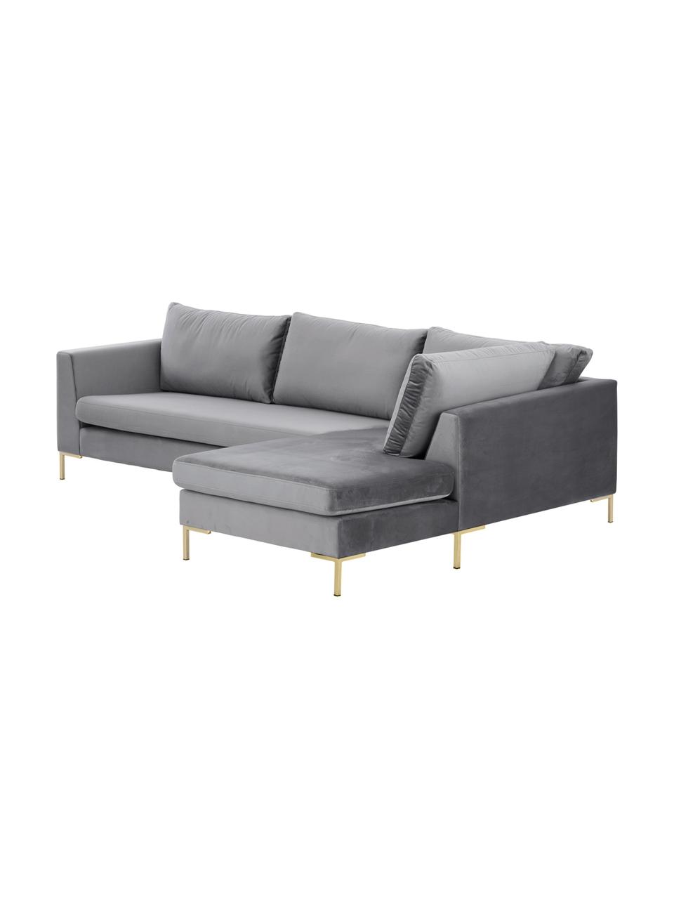 Fluwelen hoekbank Luna in donkergrijs met metalen poten, Bekleding: fluweel (polyester) De sl, Frame: massief beukenhout, Poten: gegalvaniseerd metaal, Fluweel donkergrijs,goudkleurig, B 280 x D 184 cm, hoekdeel links