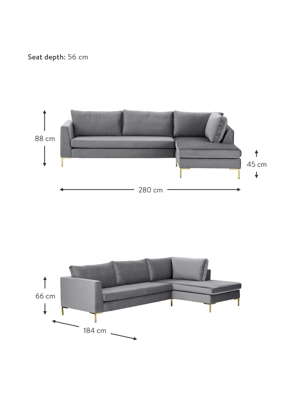 Samt-Ecksofa Luna in Dunkelgrau mit Metall-Füßen, Bezug: Samt (Polyester) Der hoch, Gestell: Massives Buchenholz, Füße: Metall, galvanisiert, Samt Dunkelgrau,Gold, B 280 x T 184 cm, Eckteil links