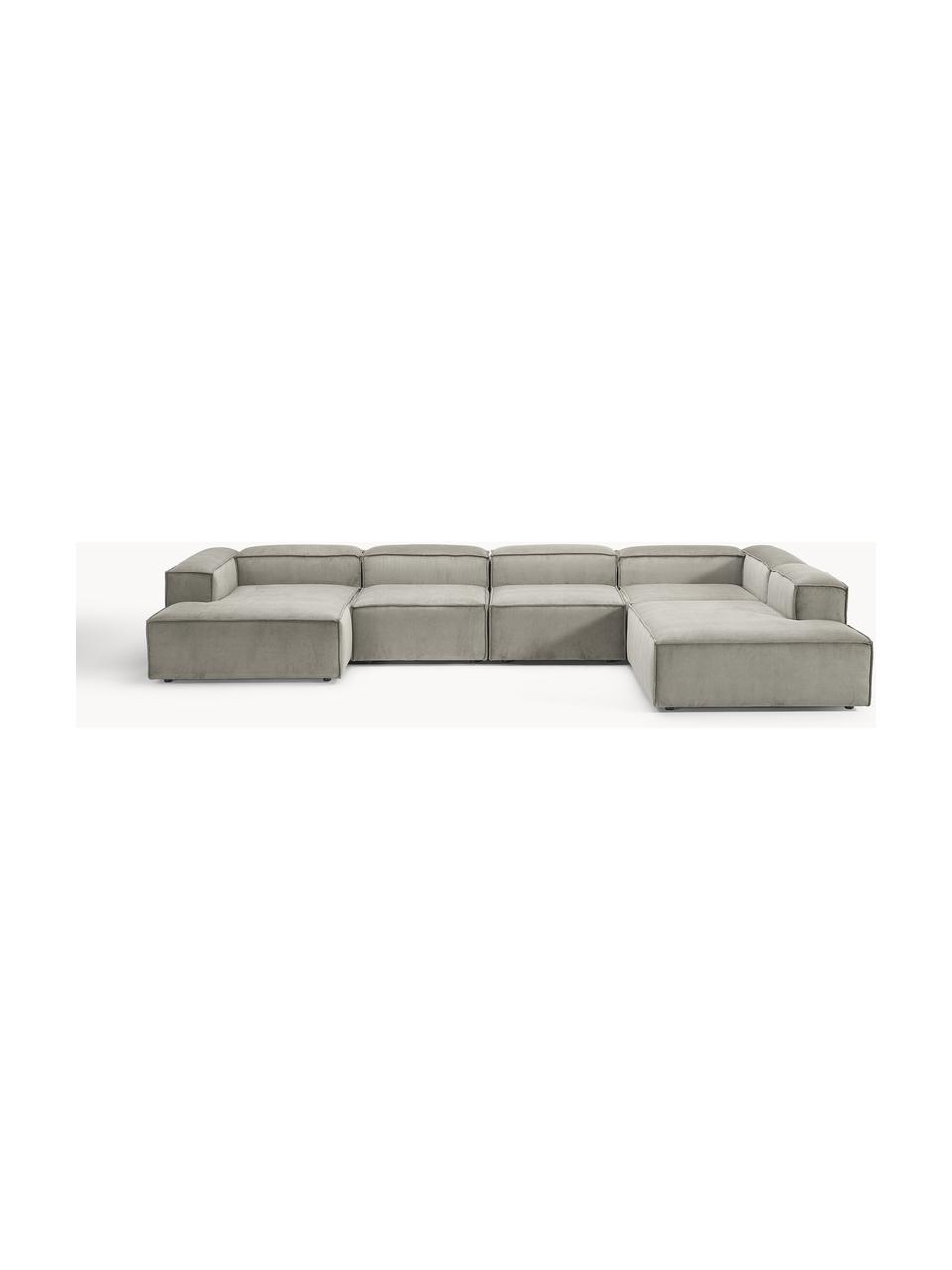 Sofa modułowa ze sztruksu Lennon, Tapicerka: sztruks (92% poliester, 8, Stelaż: lite drewno sosnowe, skle, Nogi: tworzywo sztuczne Ten pro, Szary sztruks, S 418 x G 269 cm,  lewostronna