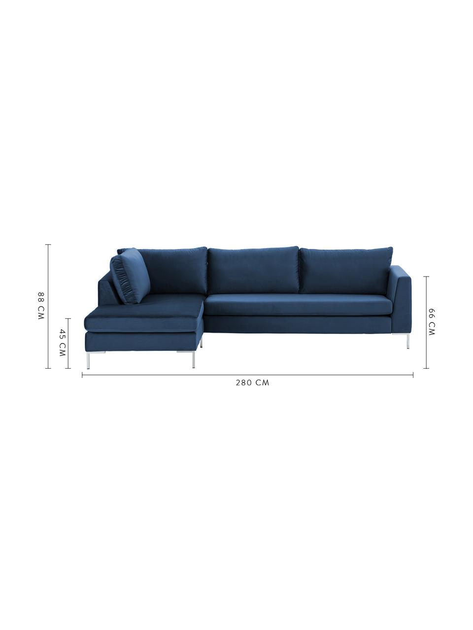 Divano angolare in velluto blu Luna, Rivestimento: velluto (100% poliestere), Struttura: legno di faggio massiccio, Piedini: metallo, zincato, Velluto blu, argento, Larg. 280 x Prof. 184 cm