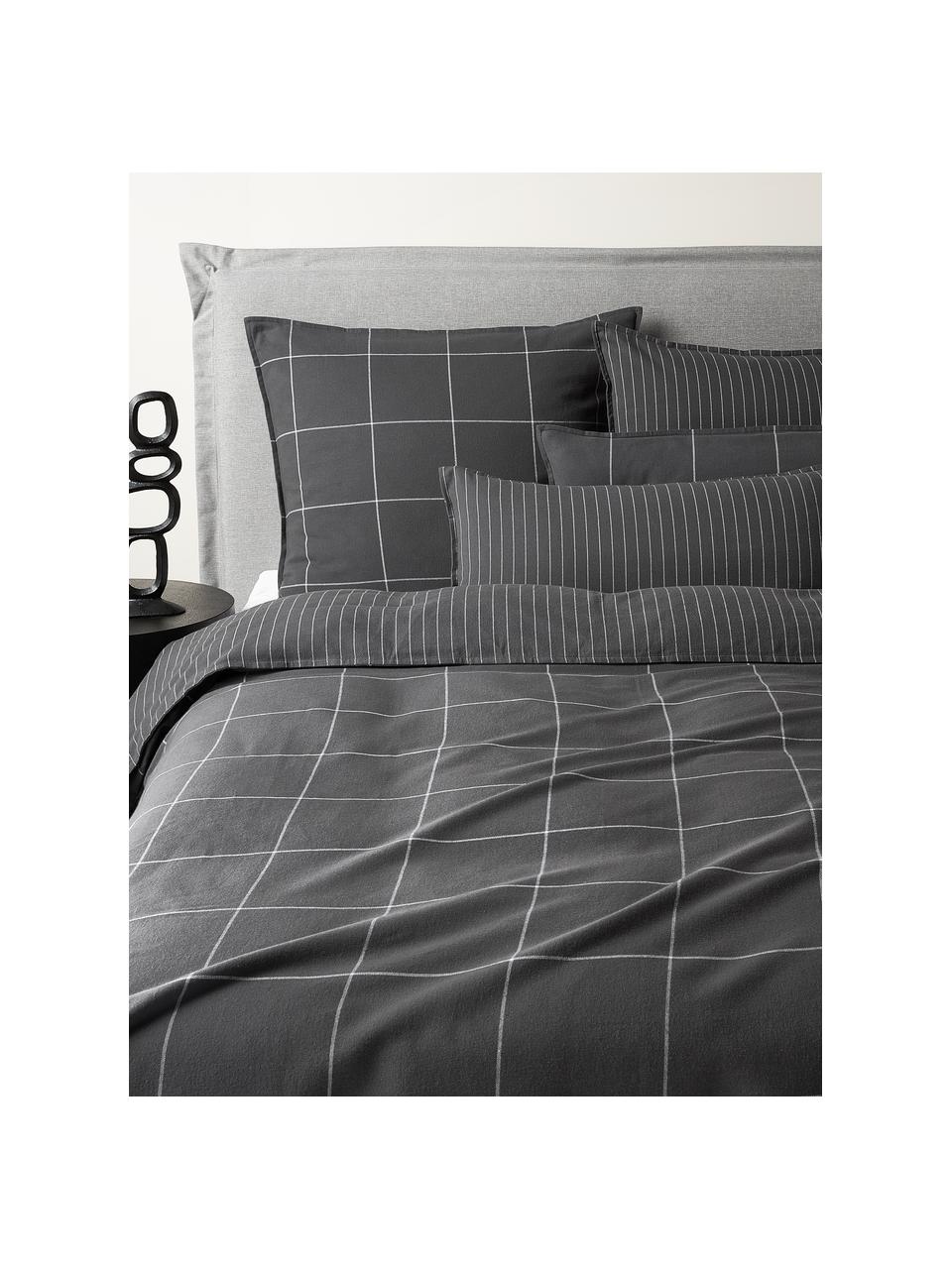 Funda nórdica doble cara de franela a cuadros Noelle, Gris antracita, blanco, Cama 90 cm (155 x 220 cm)