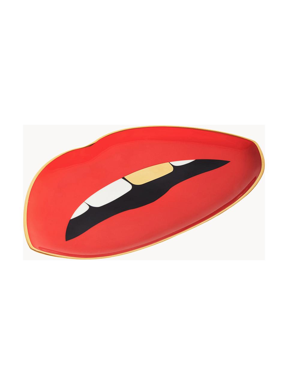 Porzellan Deko-Tablett Lips mit Gold, Porzellan mit echten Goldakzenten, Rot, Gold, B 24 x T 16 cm