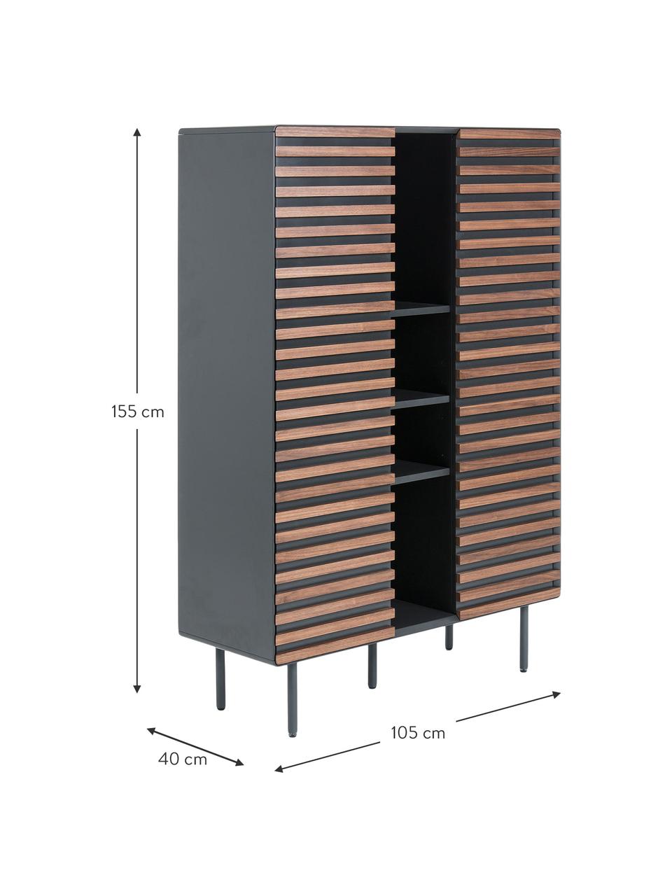 Dressoir Kesia met walnoothoutfineer, Frame: gelakt MDF, Poten: gelakt metaal, Zwart, walnootkleurig, B 105 x H 155 cm
