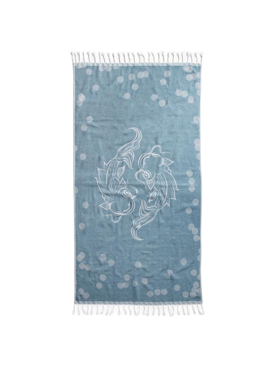 Fouta imprimé poisson Pisces, Bleu, blanc