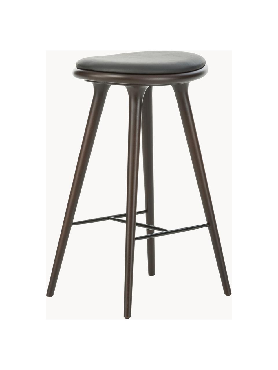 Barhocker High Stool aus Buchenholz und Leder, Beine: Buchenholz, gebeizt, Sitzfläche: Leder, Buchenholz dunkelbraun lackiert, Leder Schwarz, B 45 x H 69 cm