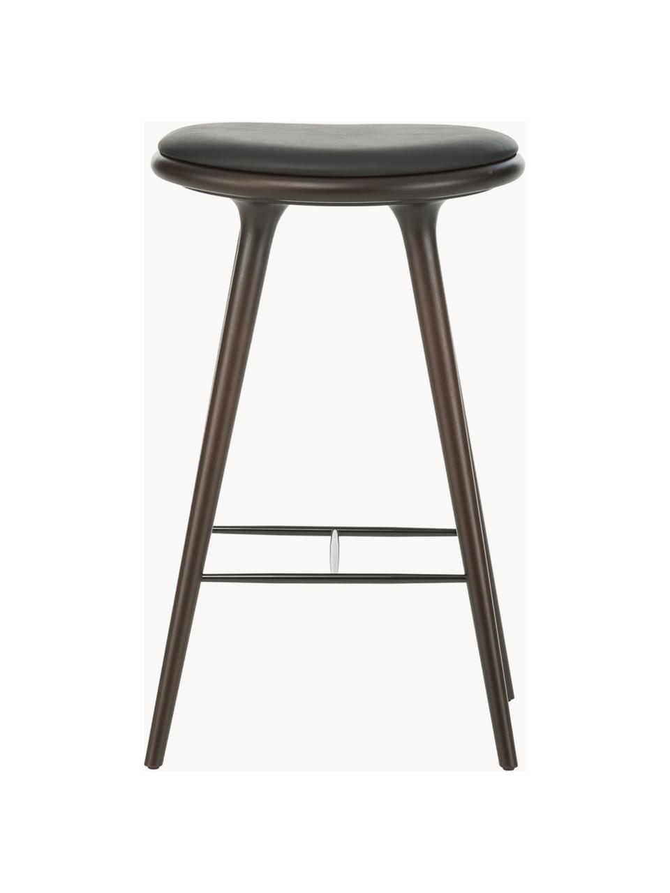 Barkruk High Stool van beukenhout en leer, Poten: beukenhout gebeitst, Zitvlak: leer, Beukenhout donkerbruin gelakt, leer zwart, B 45 x H 69 cm